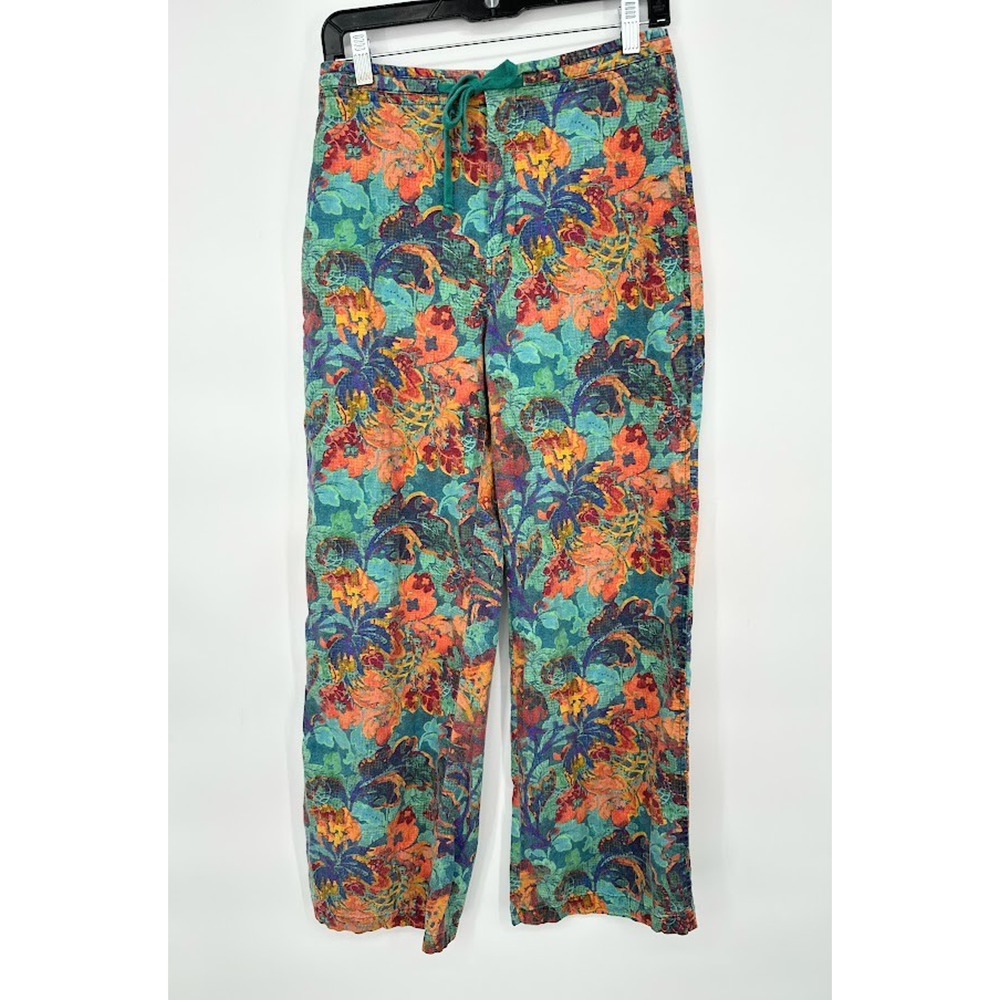 Peruvian Connection Womens Floral Wide Leg Pants Linen Blend Size 4 Beach Resort